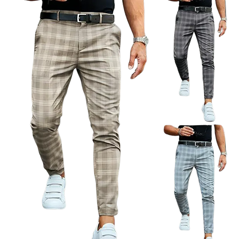 Casual Mid Waist Mid Waist Men's Plaid Slim Fit Suit Pants