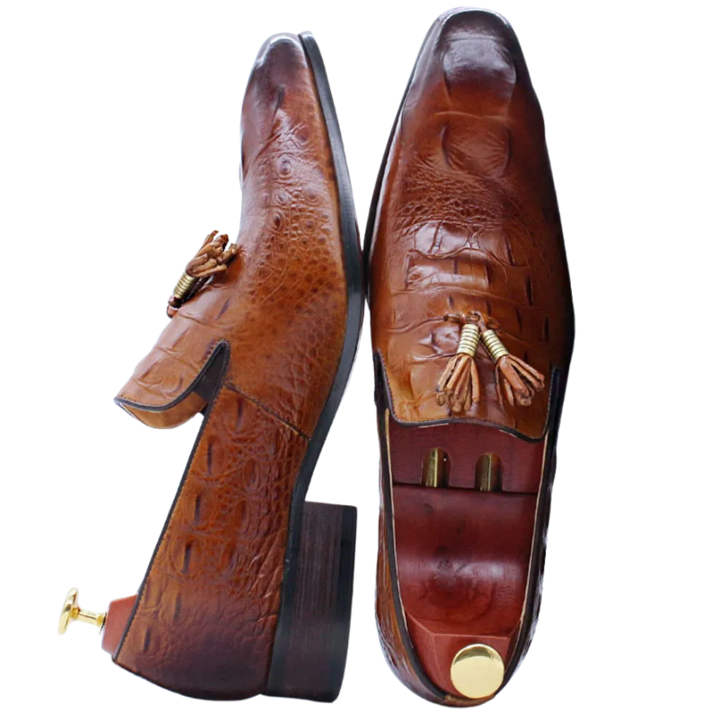 Brown leather loafers with tassels on a white background