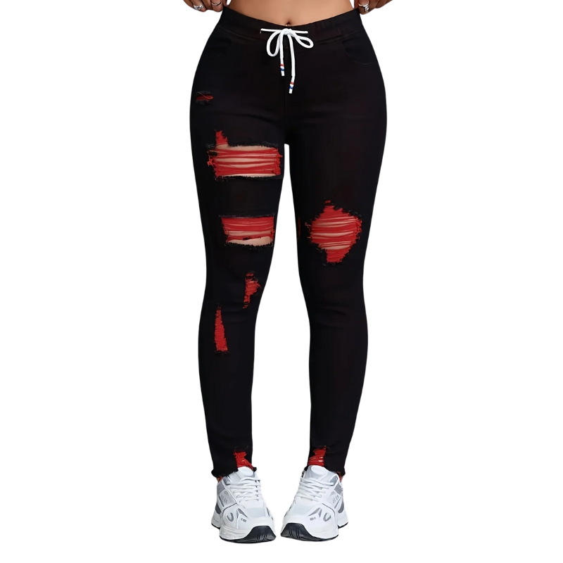 Elegant Red Skinny Jeans for Women – Stretch, Drawstring, Distressed