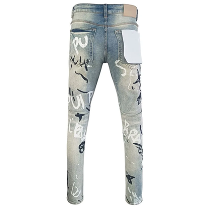 Light Blue, Stretch, Low Rise Men's Retro Graffiti Skinny Jeans