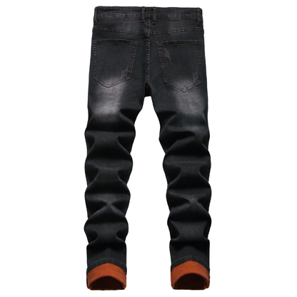 Men’s Black & Orange Distressed  Casual Party Stretch Jeans