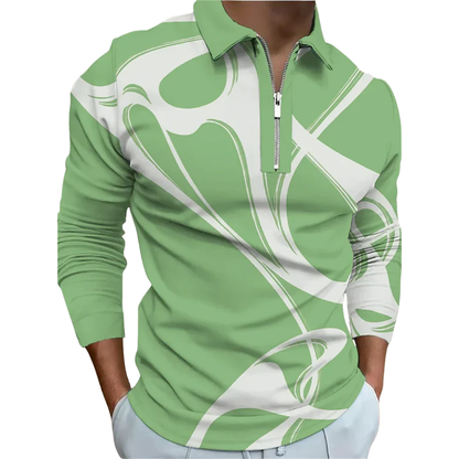 Lapel Digital Print, Zipper Men’s Summer Short Sleeve Polo Shirt