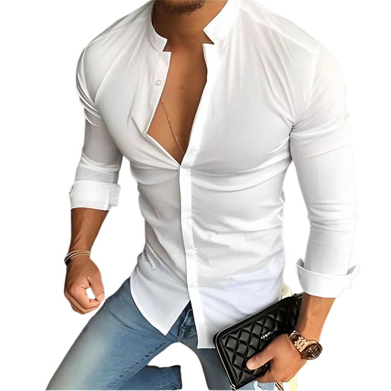 White long-sleeve shirt with a deep neckline worn by a person, holding a black clutch.