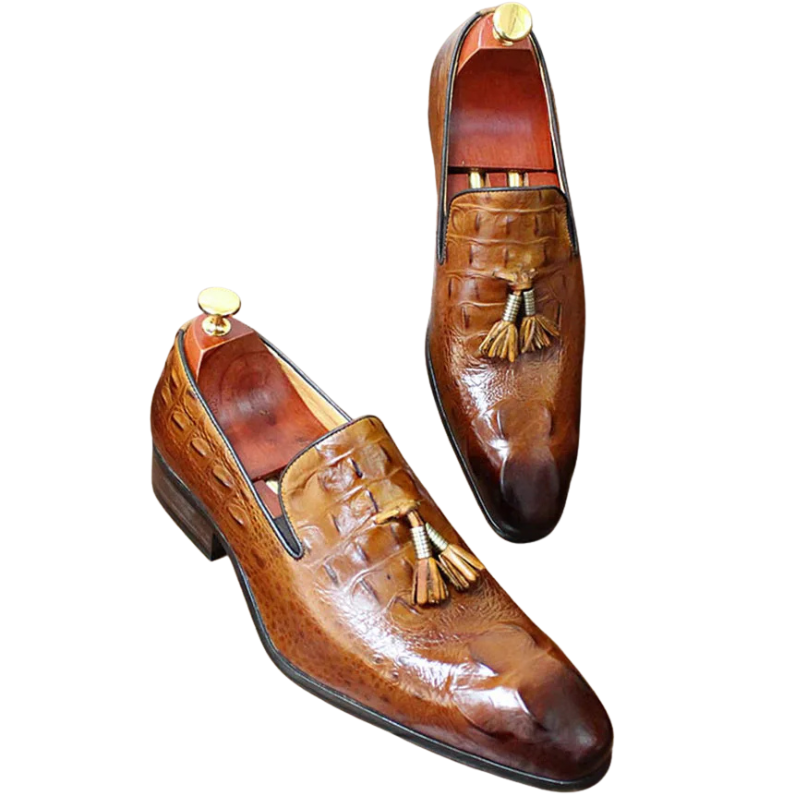 Pair of brown leather shoes with tassels on a white background