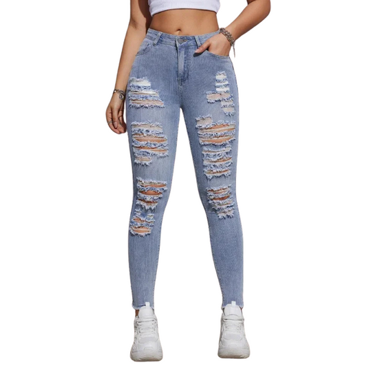 Stretch Denim Pencil Fit Women's High Waist Ripped Skinny Jeans
