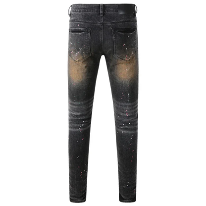 Dark Gray Spray Painted Style Men's Vintage Distressed Skinny Jeans