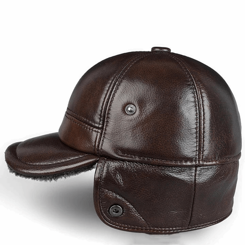 Genuine Leather Winter Bomber Hat with Warm Earmuffs