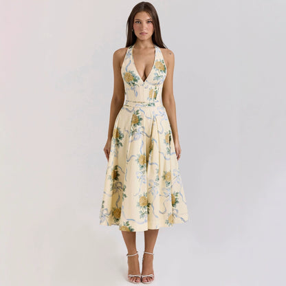Halter Neck Backless Drawstring Tie Dress
