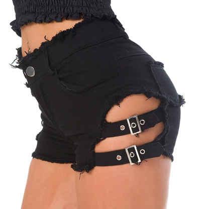 Black ripped shorts with belt and buckles on a white background