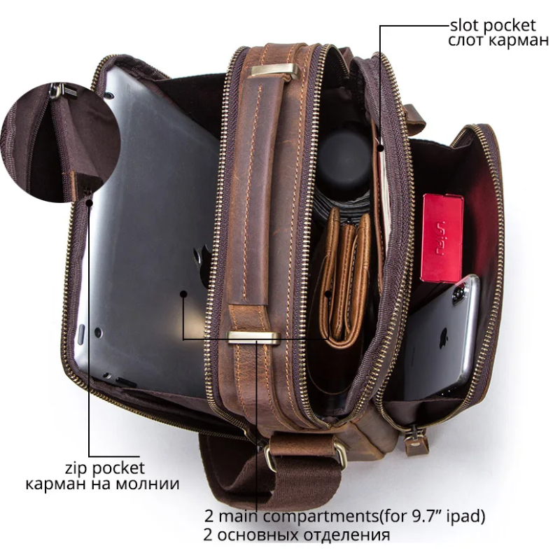 Vintage Crazy Horse Leather Men's Crossbody Messenger Shoulder Bag