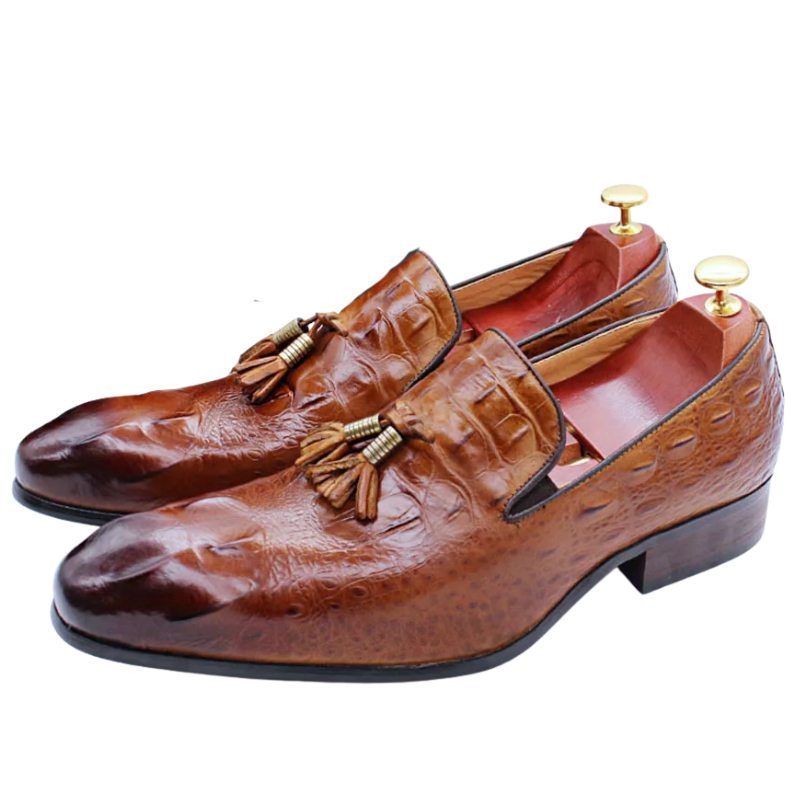 Brown leather loafers with tassels on a white background
