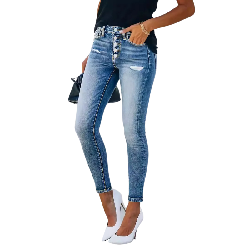 High Waist Bodycon Skinny Jeans with Button Detail