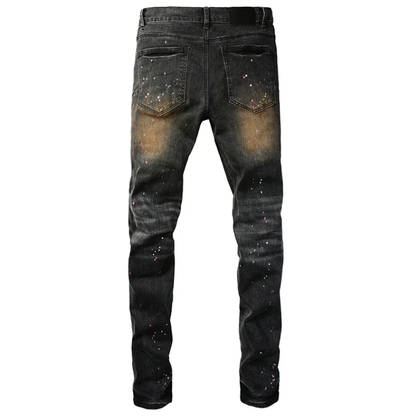 Dark Gray Spray Painted Style Men's Vintage Distressed Skinny Jeans