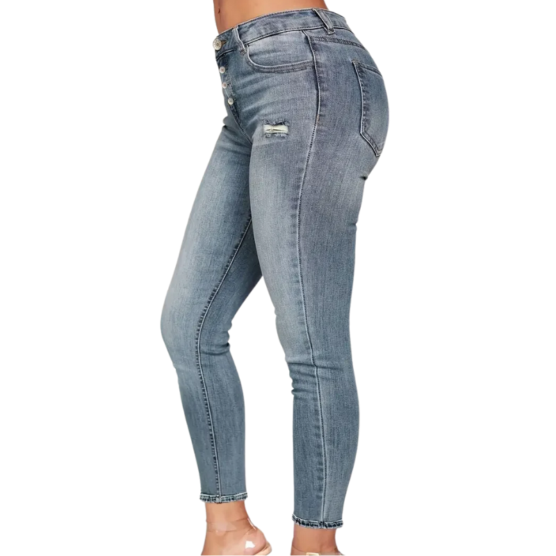 Stretch Denim with Pockets & Buttons Women's Ripped Skinny Jeans