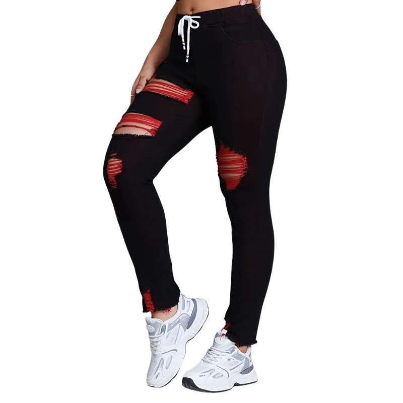 Elegant Red Skinny Jeans for Women – Stretch, Drawstring, Distressed