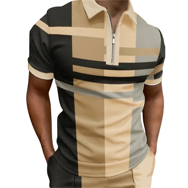 Casual Zipper Lapel Top Men’s Summer 3D Striped Polo Shirt