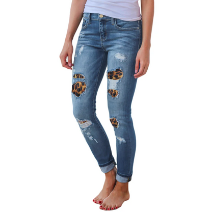 Stretch Denim Hipster Style Women’s Ripped Leopard Skinny Jeans