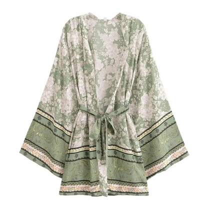 Women's Floral Print Short Kimono with Belt