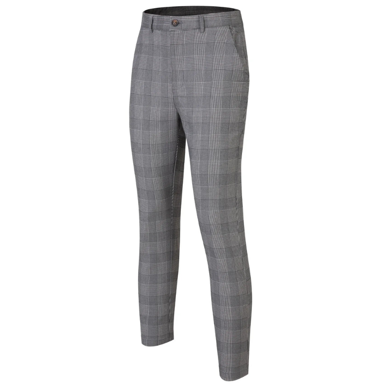 Versatile Business Casual Silver Grey Plaid Slim Fit Men’s Pants
