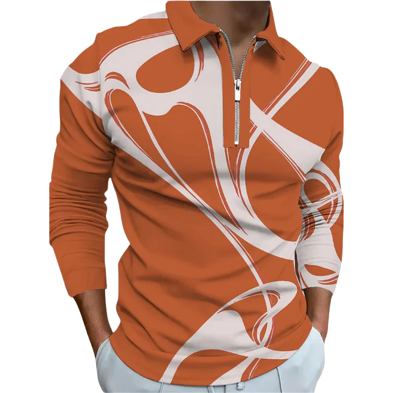Lapel Digital Print, Zipper Men’s Summer Short Sleeve Polo Shirt