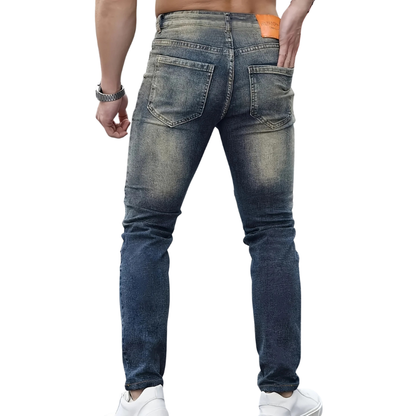 Dark Blue All-Season Denim Men's Slim Fit Ripped Stretch Jeans