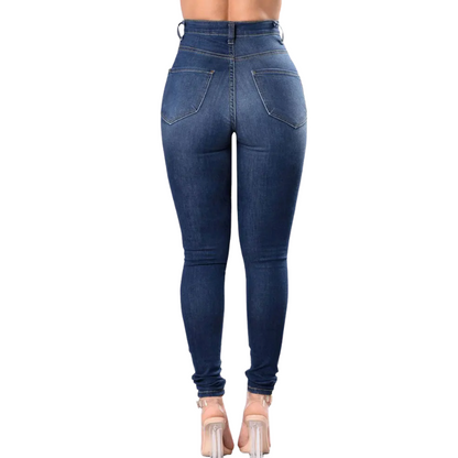 Dark Blue Denim Ripped High-Waist Skinny Jeans for Women