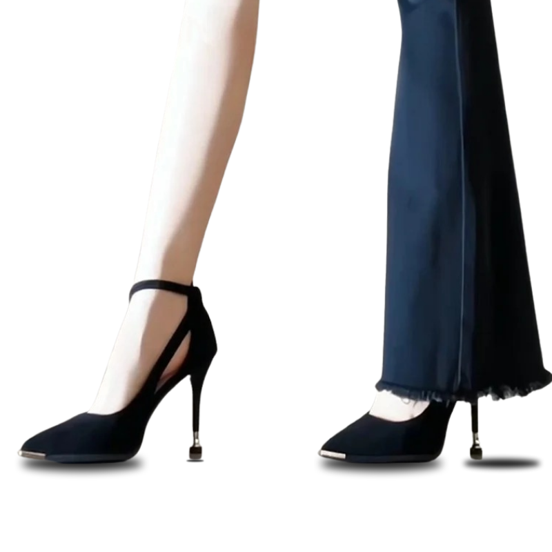 Velvet leather pointed-toe low-heeled high heels