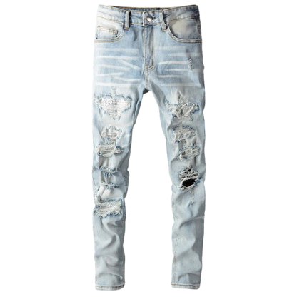 Light Blue Streetwear Denim Men’s Ripped Patchwork Skinny Jeans