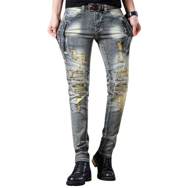 Ripped European and American Distressed Trendy Patchwork Biker Jeans