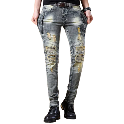 Ripped European and American Distressed Trendy Patchwork Biker Jeans
