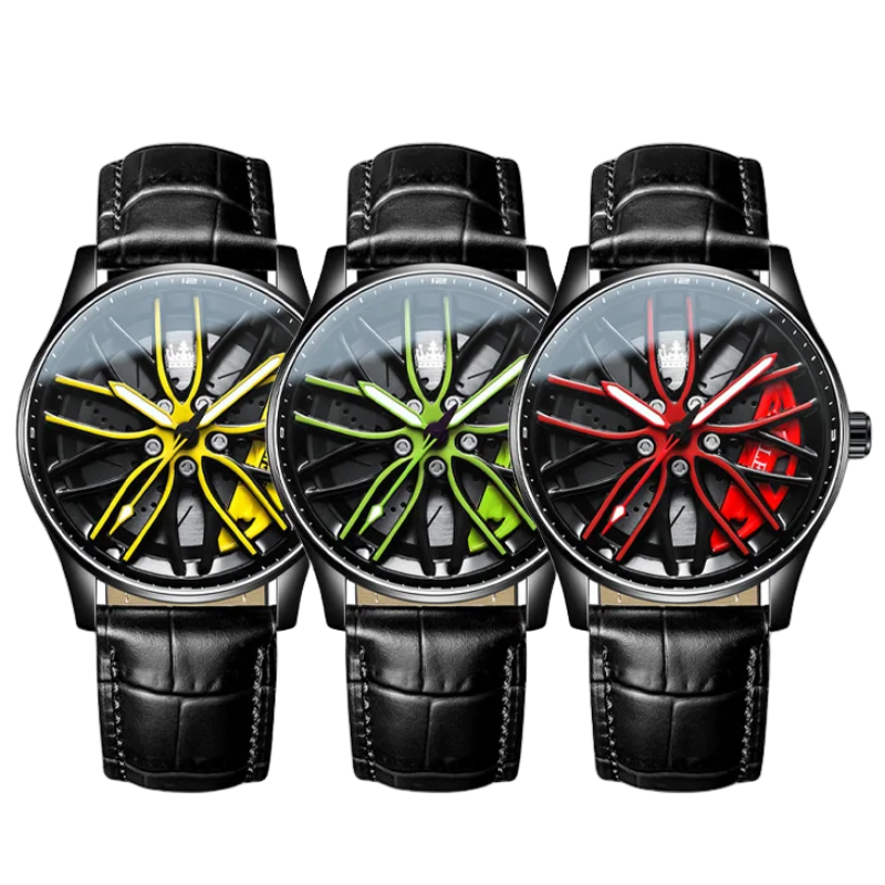 Waterproof Sport Rim Quartz OLEVS Leather Luxury Wheel Watch for Men