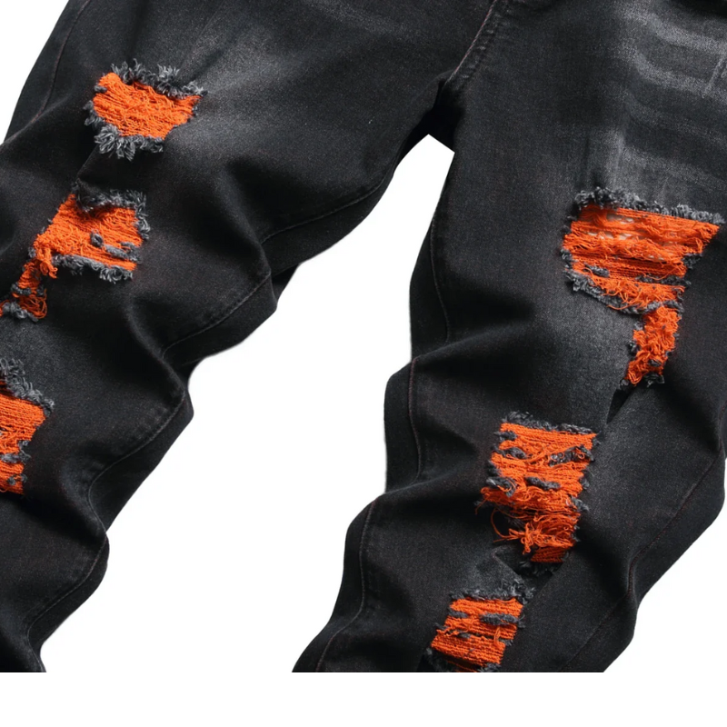 Men’s Black & Orange Distressed  Casual Party Stretch Jeans