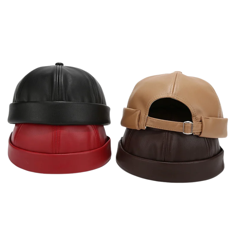 Adjustable Unisex Retro PU Leather Brimless Docker Cap