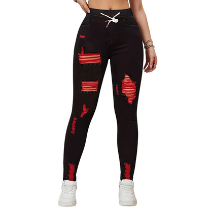 Elegant Red Skinny Jeans for Women – Stretch, Drawstring, Distressed