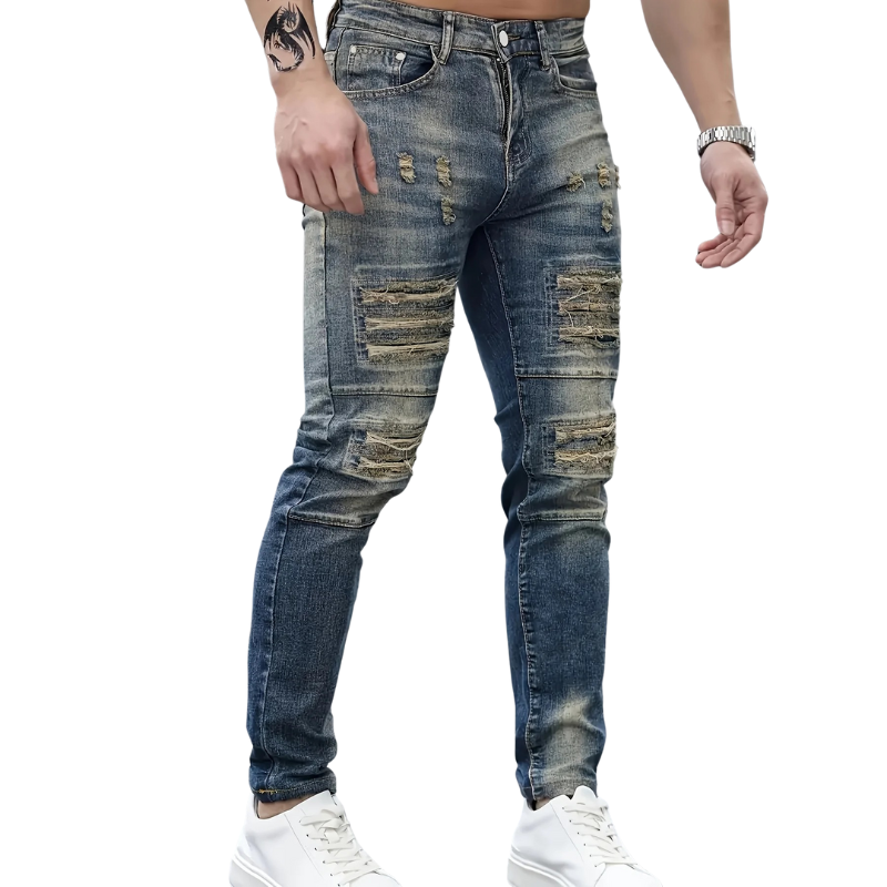Dark Blue All-Season Denim Men's Slim Fit Ripped Stretch Jeans