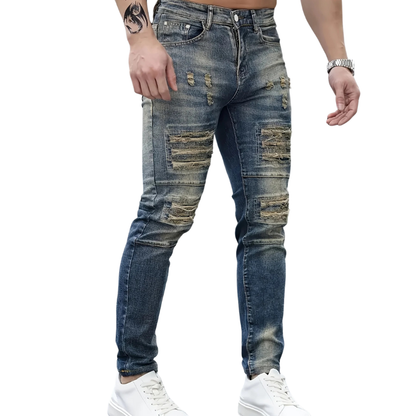 Dark Blue All-Season Denim Men's Slim Fit Ripped Stretch Jeans
