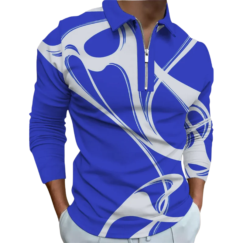 Lapel Digital Print, Zipper Men’s Summer Short Sleeve Polo Shirt