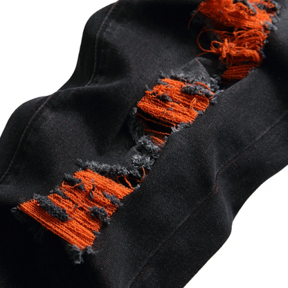 Men’s Black & Orange Distressed  Casual Party Stretch Jeans