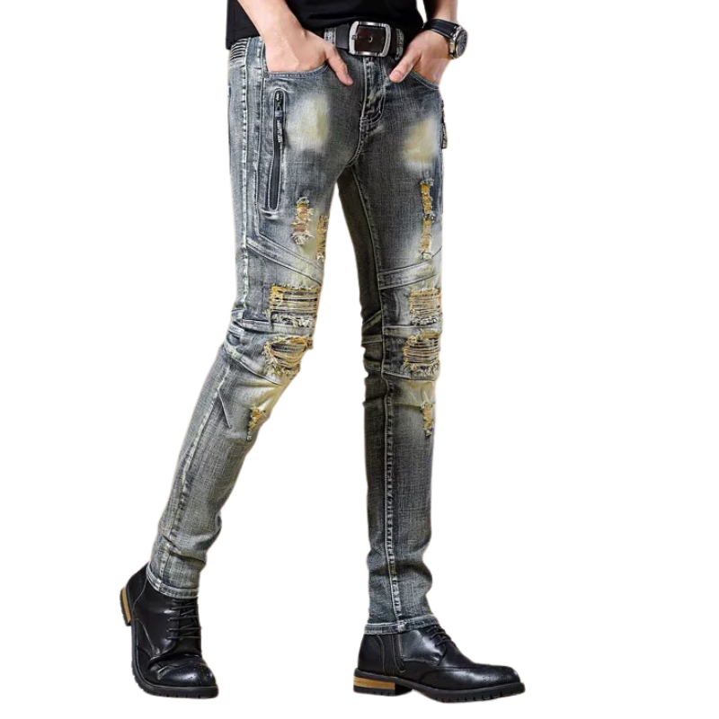 Ripped European and American Distressed Trendy Patchwork Biker Jeans