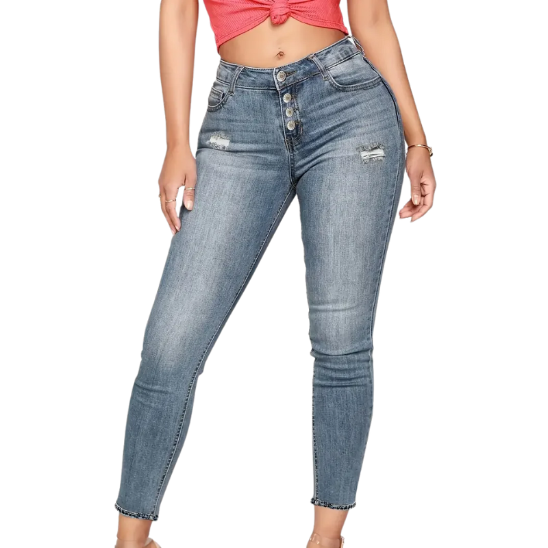 Stretch Denim with Pockets & Buttons Women's Ripped Skinny Jeans