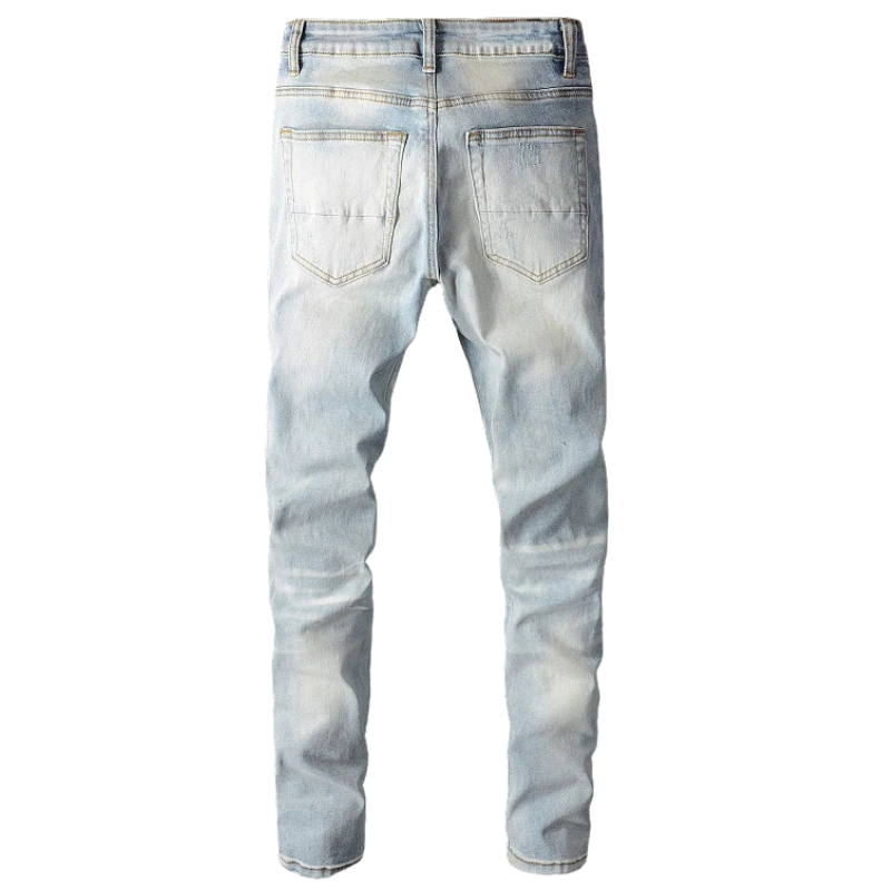 Light Blue Streetwear Denim Men’s Ripped Patchwork Skinny Jeans