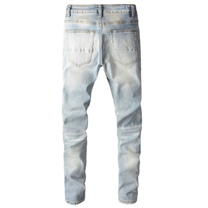 Light Blue Streetwear Denim Men’s Ripped Patchwork Skinny Jeans