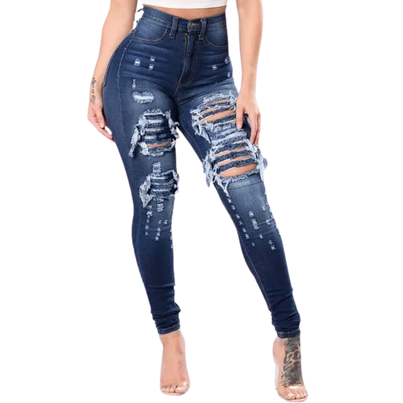 Dark Blue Denim Ripped High-Waist Skinny Jeans for Women