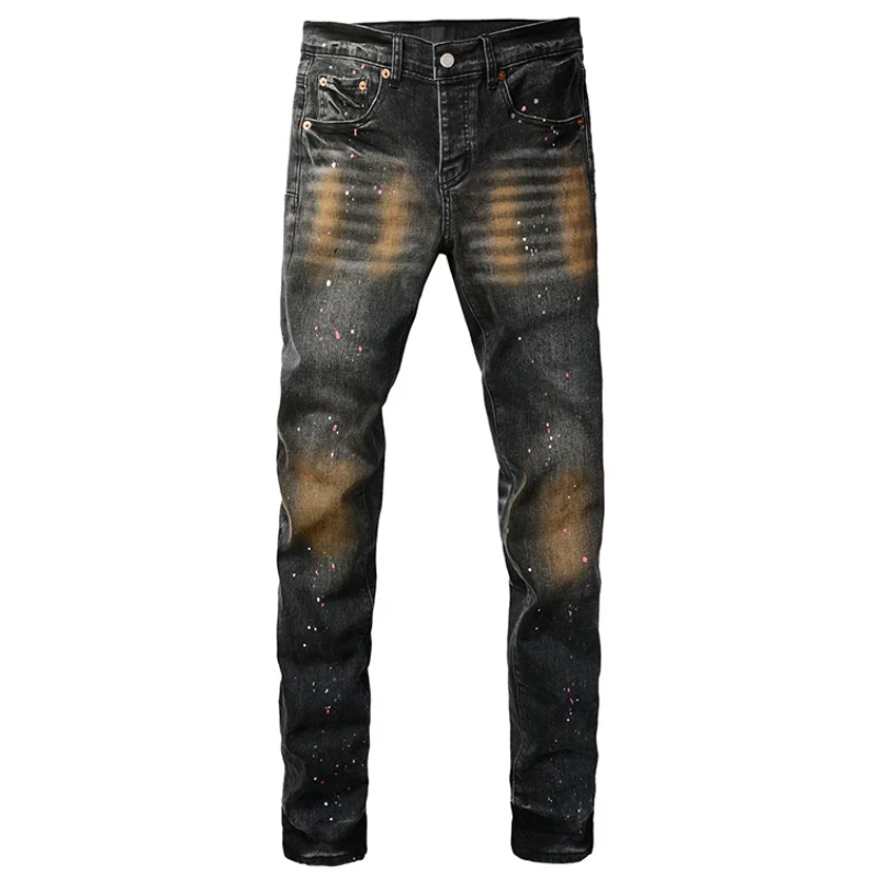 Dark Gray Spray Painted Style Men's Vintage Distressed Skinny Jeans