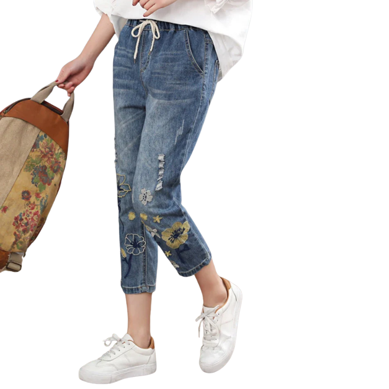 Summer Chic Vintage Floral Embroidered Ripped Harem Jeans for Women