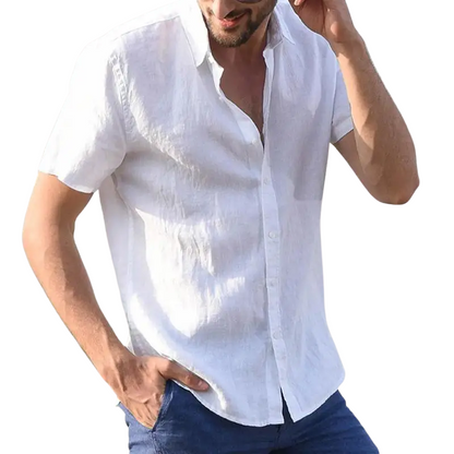 Casual Solid Summer Men’s Cotton Linen Short Sleeve Shirt