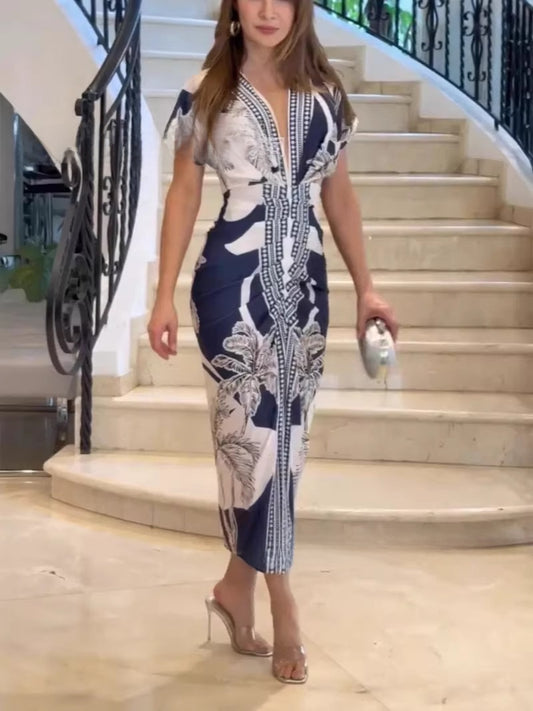 Elegant Tie-Dye V-Neck Knitted Dress