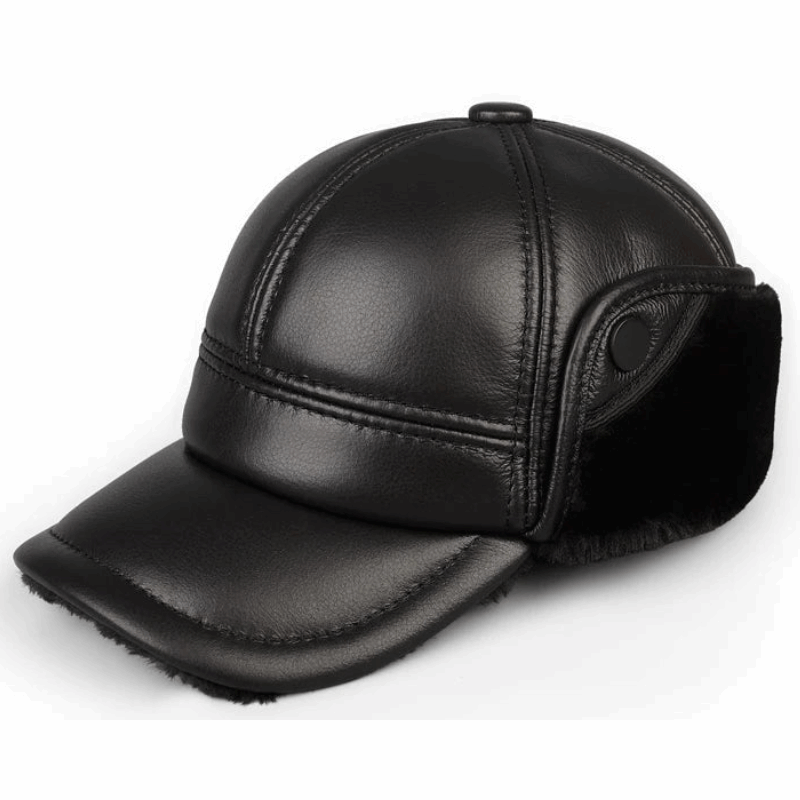 Genuine Leather Winter Bomber Hat with Warm Earmuffs