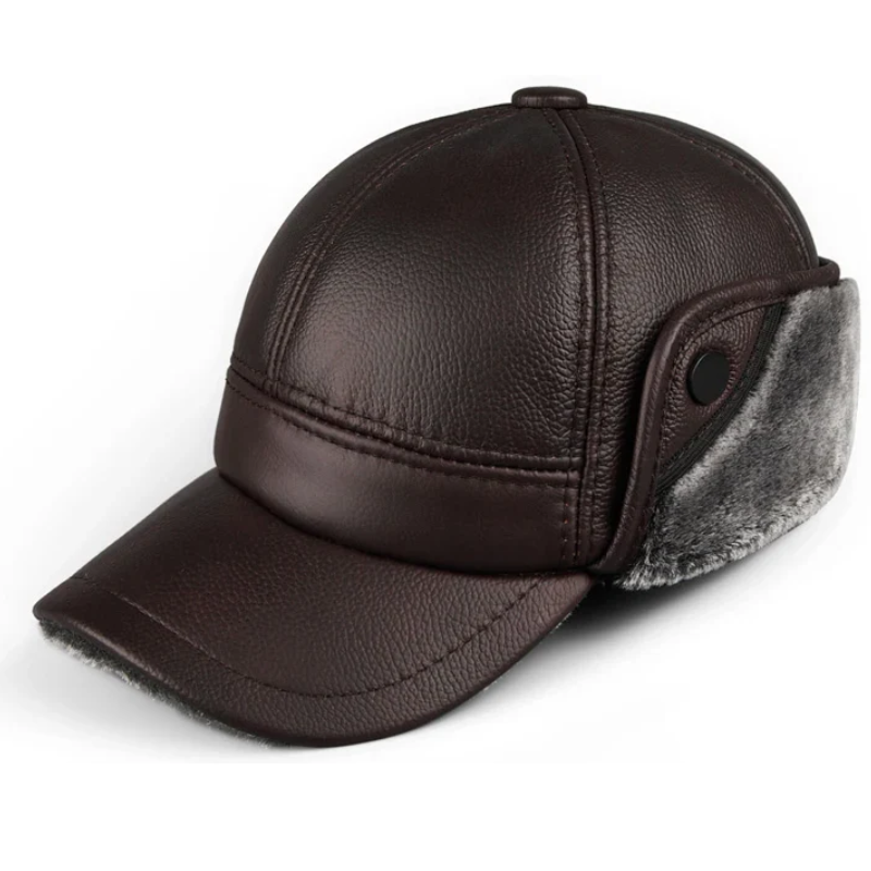 Genuine Leather Winter Bomber Hat with Warm Earmuffs