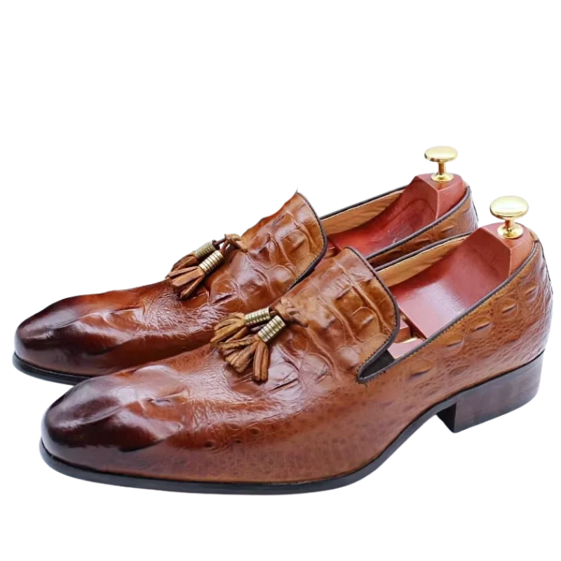 Brown leather loafers with tassels on a white background